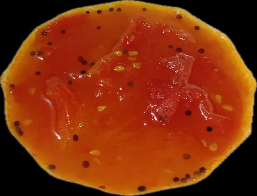 Sweet tomato chutney flecked with mustard seed